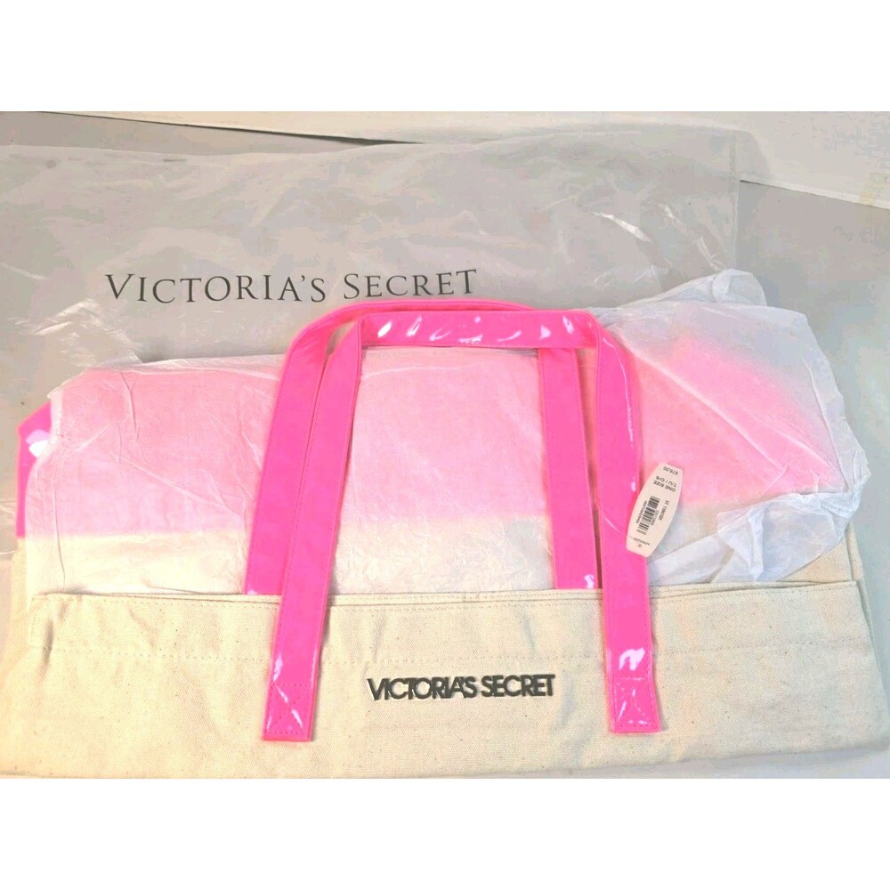 New Victoria's Secret Large Canvas Tote Beach Bag Neon Pink & Beige $78 MSRP